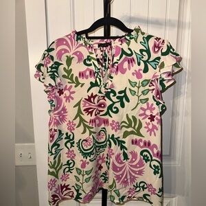 1. STATE Size XL Floral Ruffle Sleeve Top‎ - Pink, Green, Cream